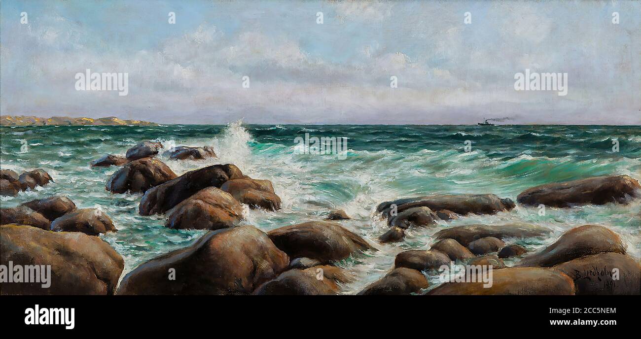 Lindholm Berndt - Dampfschiff am Horizont - Finnische Schule - 19. Jahrhundert Stockfoto