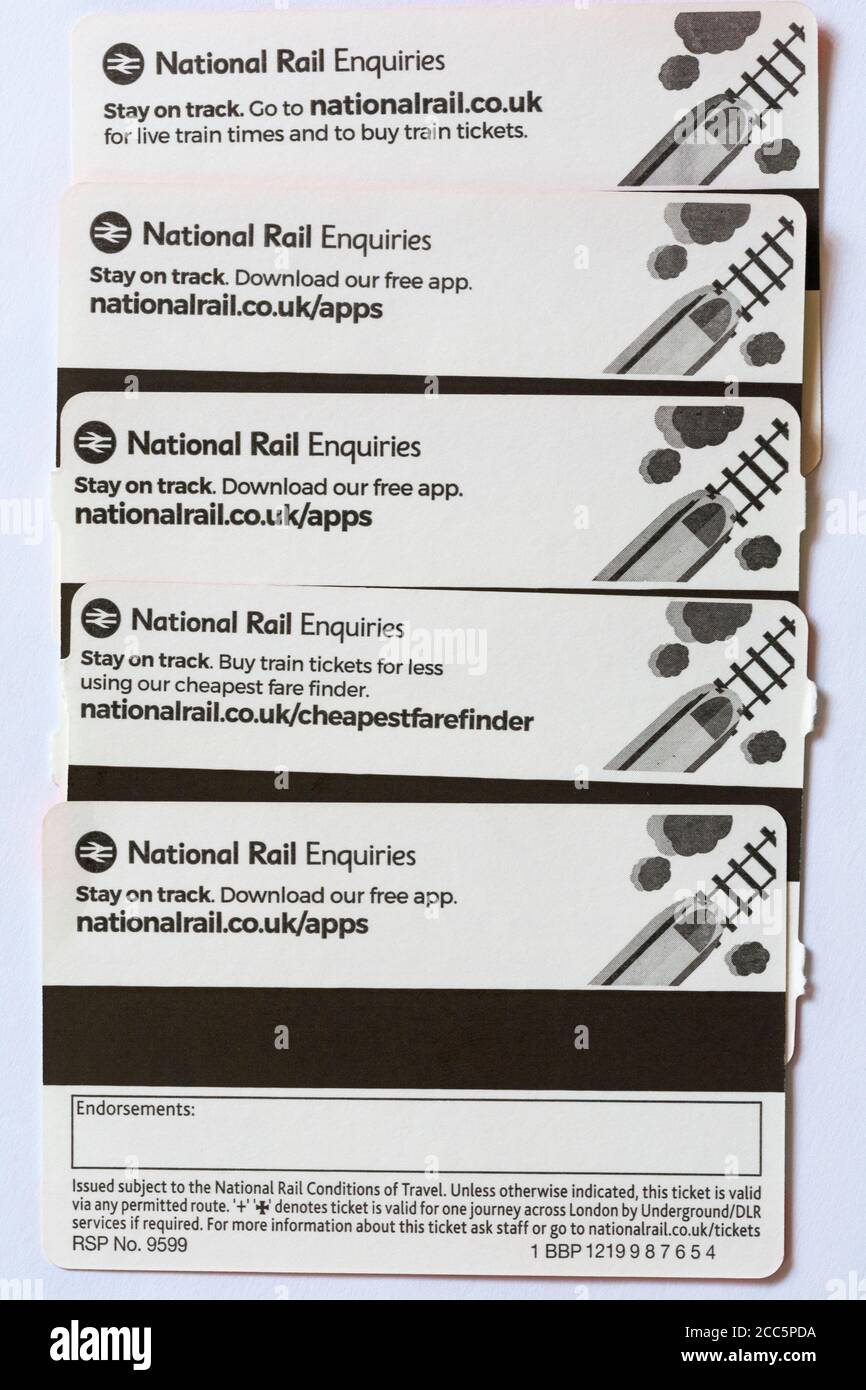 National Rail Enquiries Bleiben Sie auf dem richtigen Weg Laden Sie unsere kostenlose App herunter - Detail auf der Rückseite der Zugtickets Stockfoto