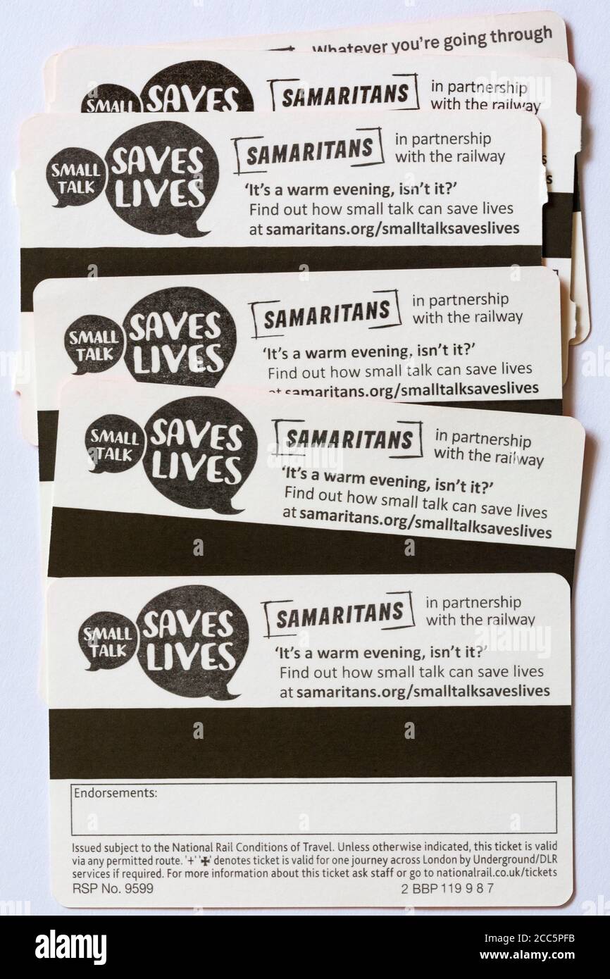 Samaritaner Small Talk rettet Leben, in Partnerschaft mit der Bahn - Detail auf der Rückseite der Zugtickets Stockfoto
