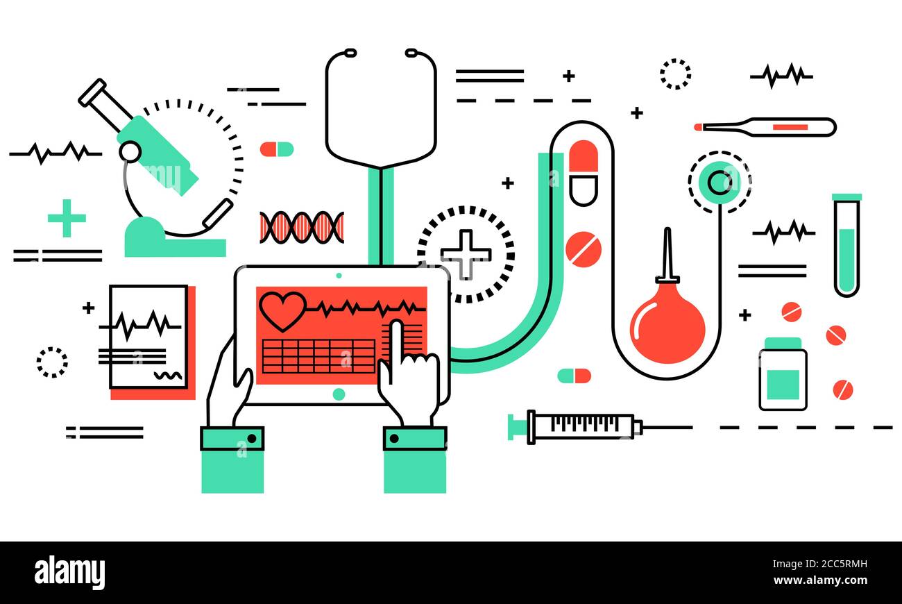 Moderne flache dünne Linie Design Vektor Illustration, Konzept der Medizin und Gesundheitswesen, Gesundheitskontrolle und medizinische Geräte Objekte für Grafik und Web Stock Vektor