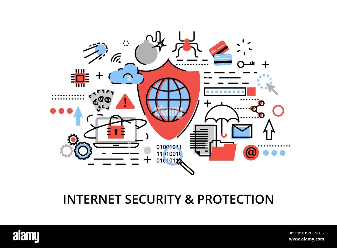 Moderne flache dünne Linie Design Vektor Illustration, Infografik Konzept der Internet-Sicherheit, Netzwerkschutz und sichere Online-Zahlungen, für Grafik Stock Vektor