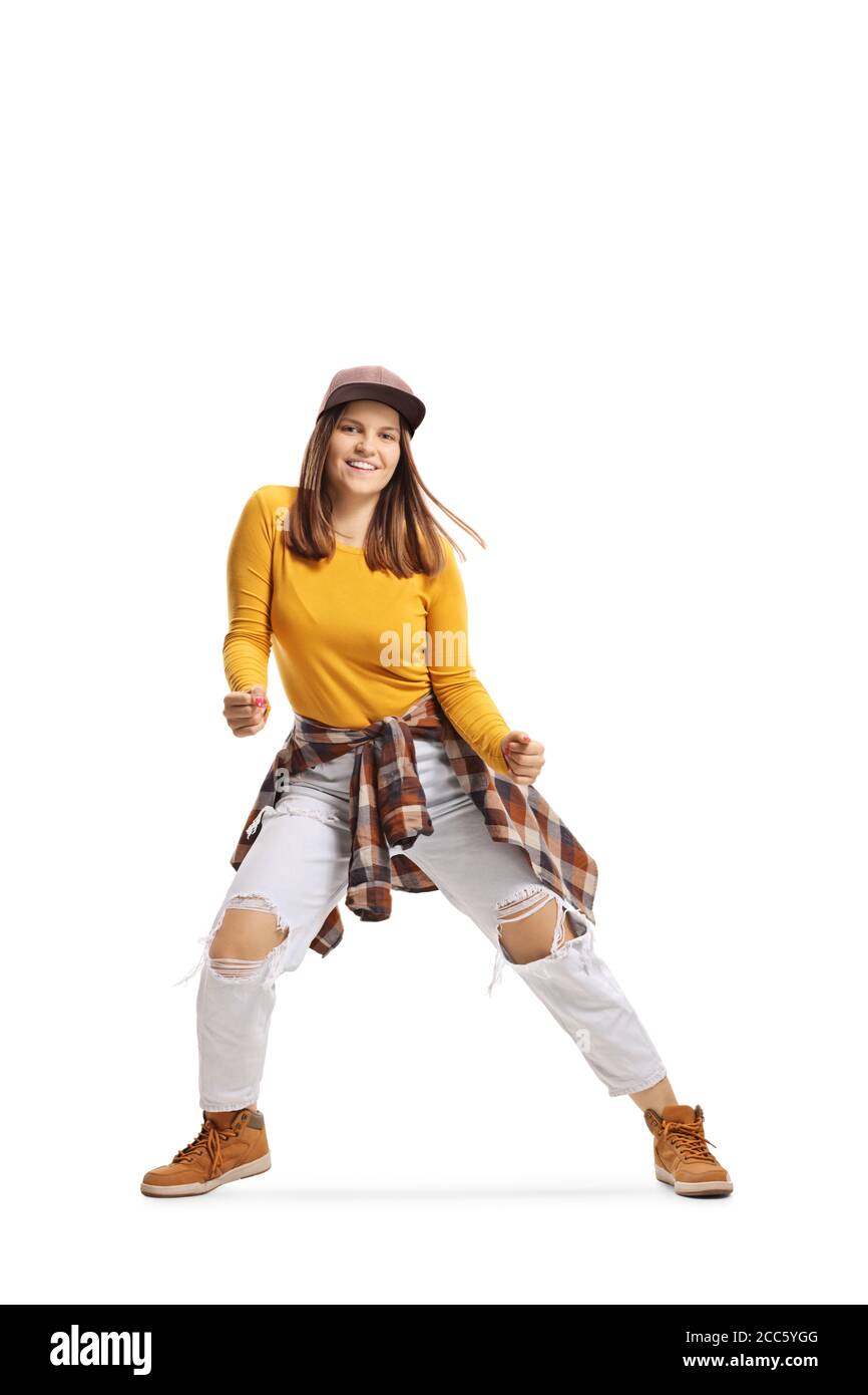 Ganzkörperaufnahme einer jungen Dame, die im Straßenstil tanzt Isoliert auf weißem Hintergrund Stockfoto