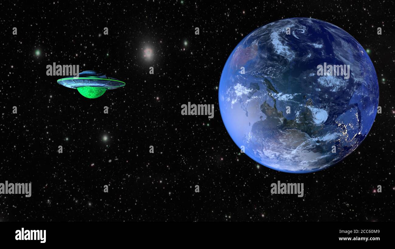 UFO und Planet Erde. 3D-Rendering Stockfoto