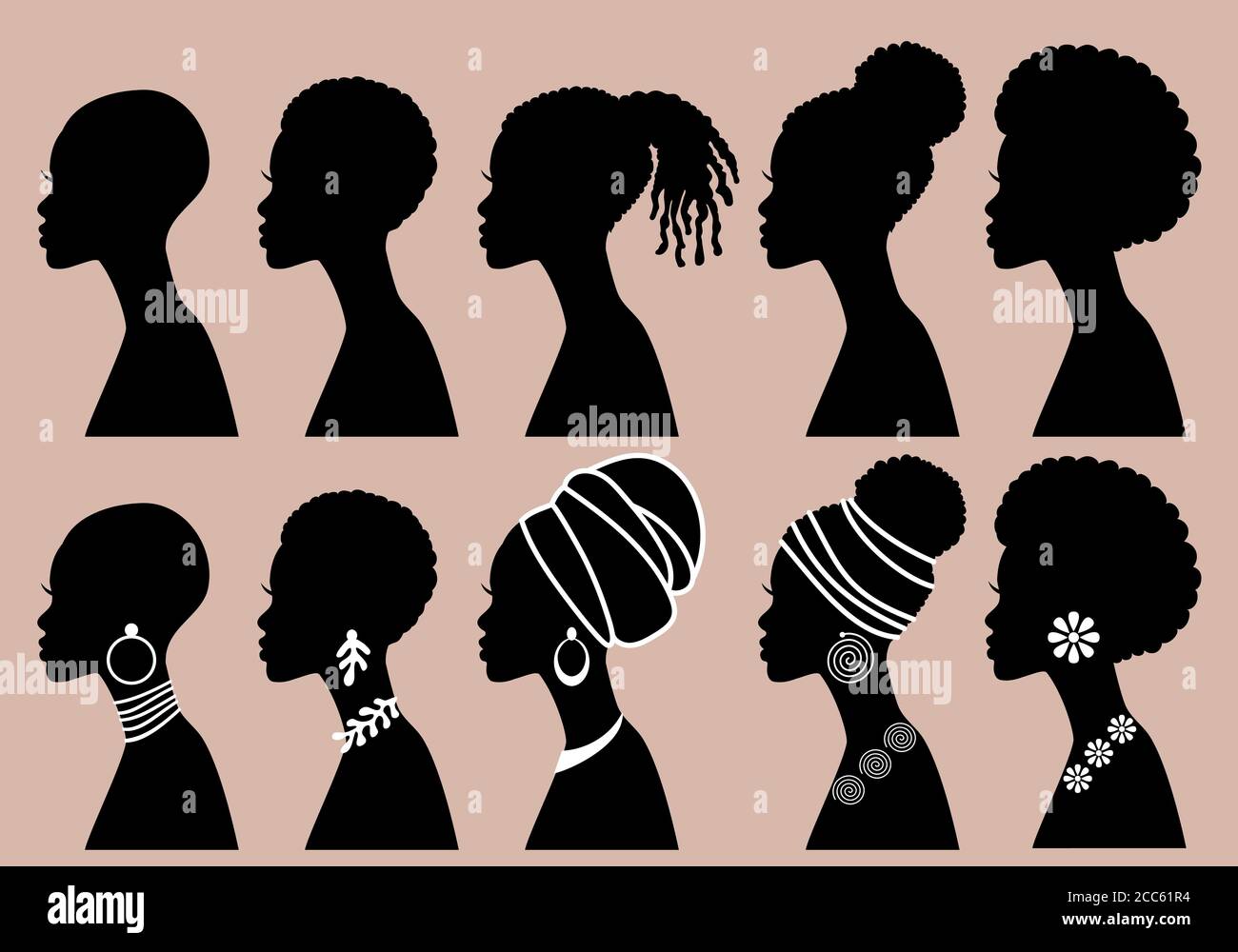 Schwarze Schönheit, Afrikanische Frauen, Profil Silhouetten, Vektor-Illustration-Set Stock Vektor
