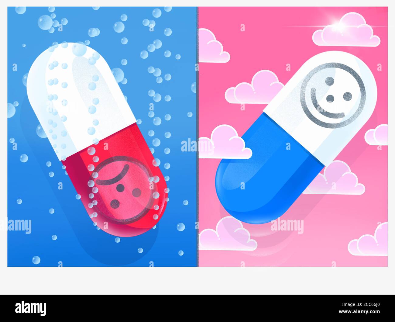 Happy and Sad Drug Tabletten Illustration. Darstellung der Nebenwirkungen von Medikamenten. Stockfoto