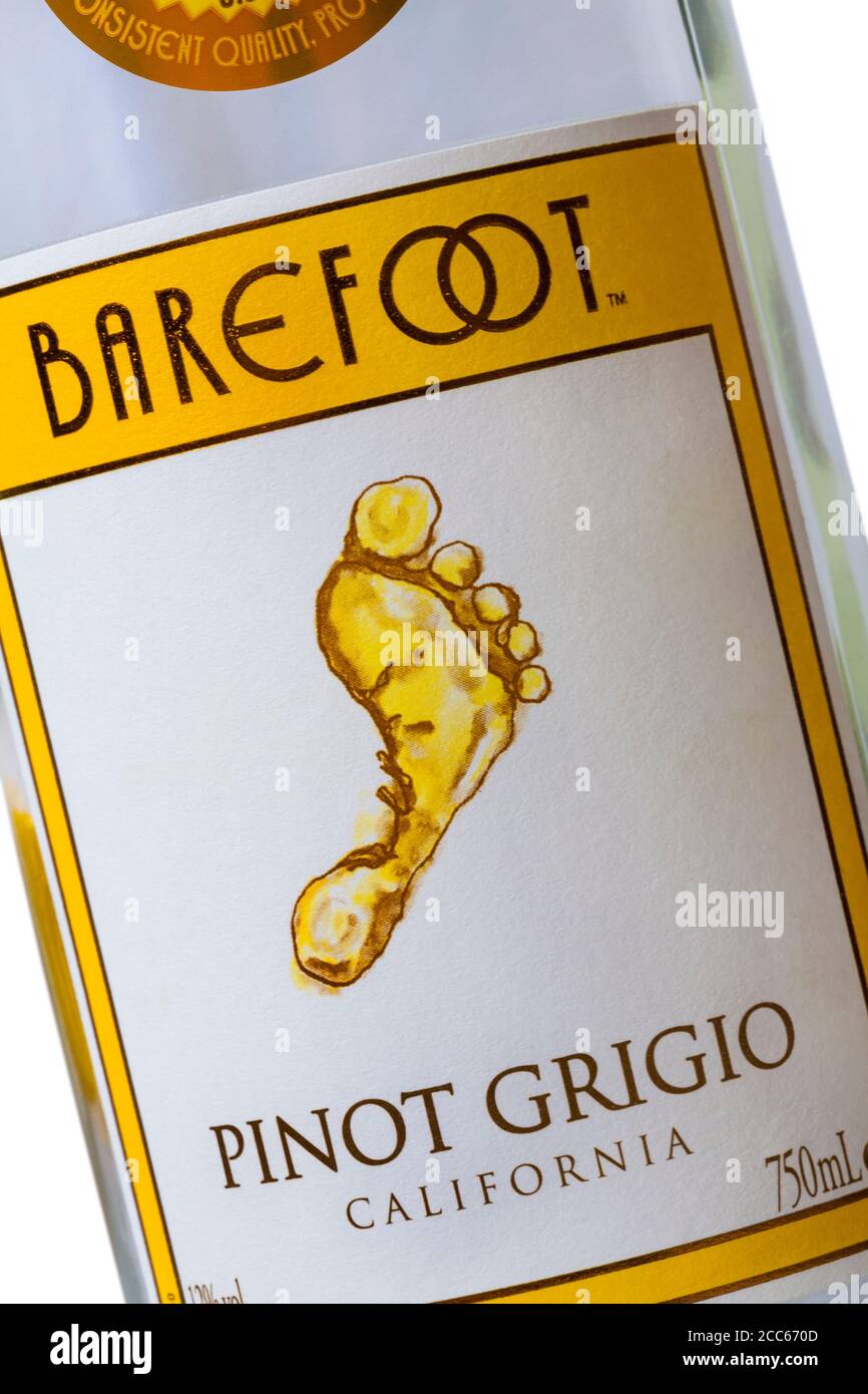Etikett auf Flasche Barefoot Pinot Grigio - Wein aus Kalifornien USA Amerikaner Stockfoto