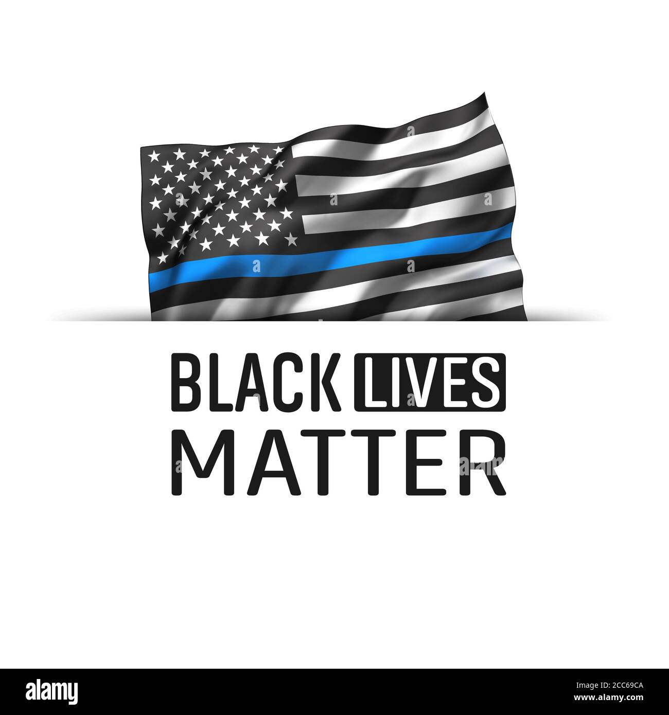 Symbol „Schwarze Leben“. Gestreifte schwarz-weiße USA-Flugfahne, mit blauer Linie, isoliert auf weiß. Stockfoto