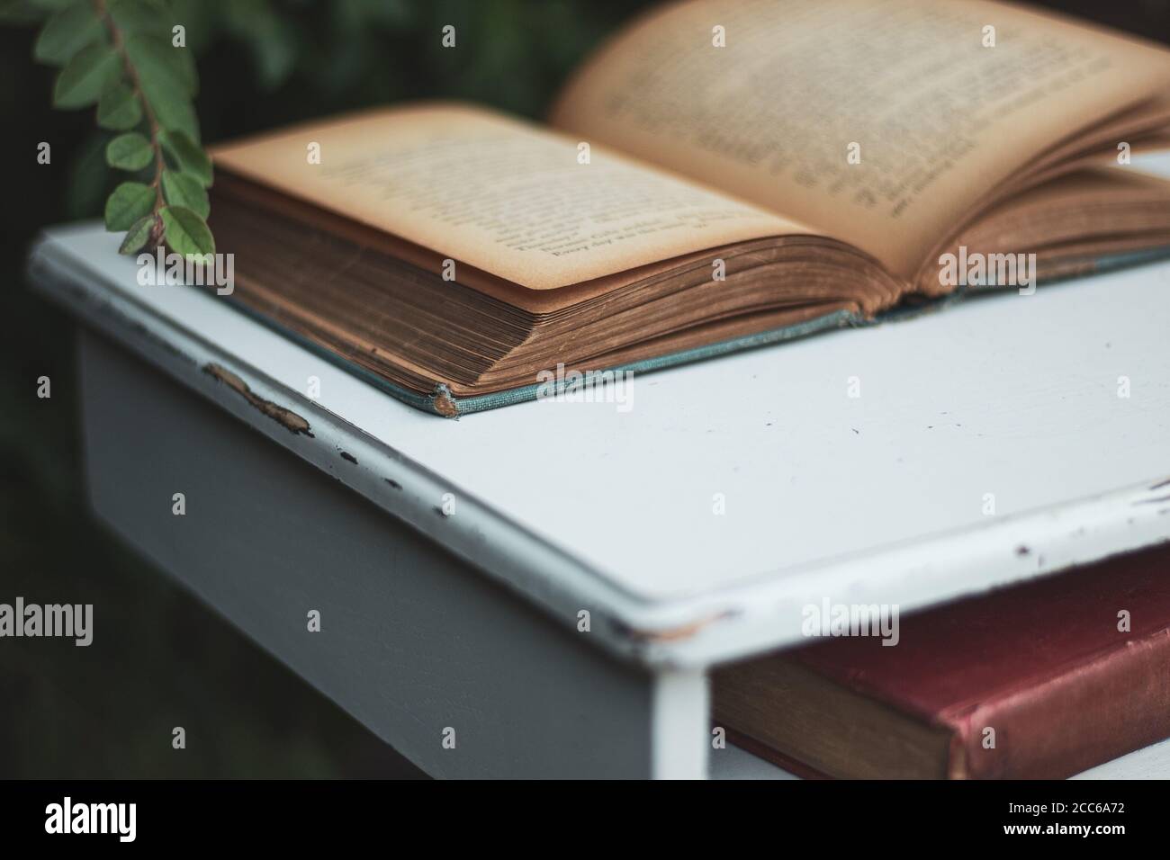 Paar Vintage Bücher auf weißem Vintage-Tisch draußen Stockfoto