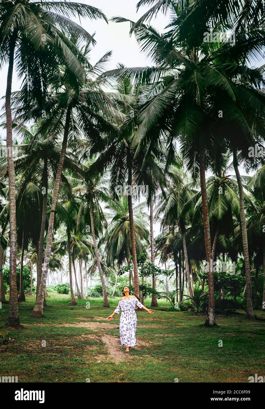 Frau in langen Kleid gehen unter Palmen. Romantischer Inselurlaub Stockfoto