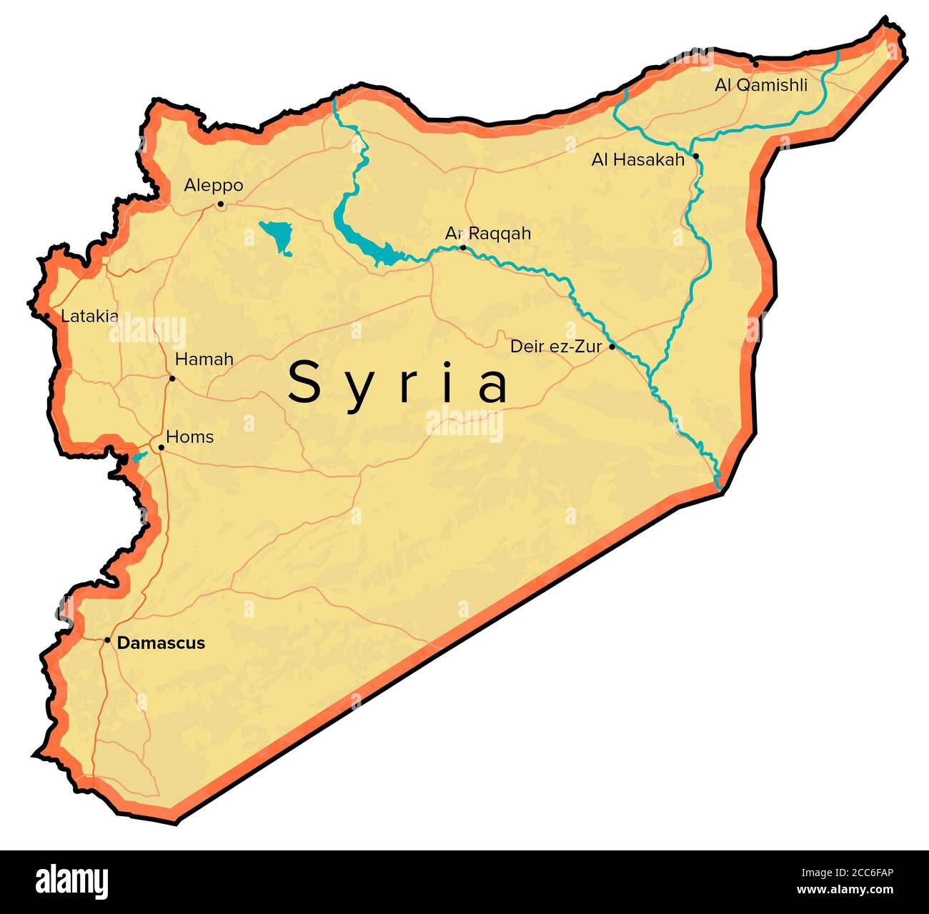 Syrienkarte, Flüsse, Straßen und Städte. Handgezeichnete Karte. Nahost-Kartographie Stockfoto