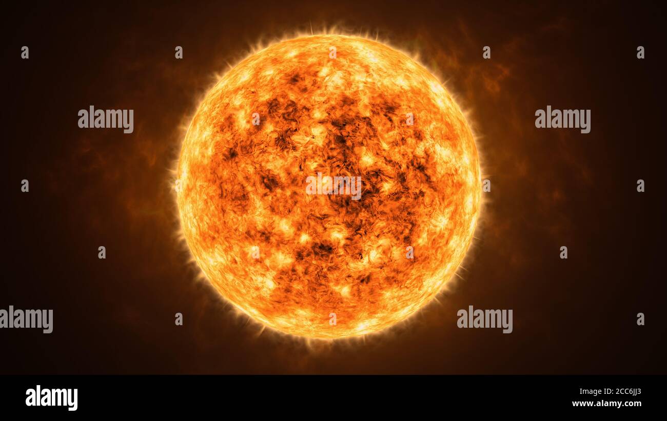 Realistische Darstellung der gelben Sonne oder des Sterns in Nahaufnahme in 3D. Stockfoto