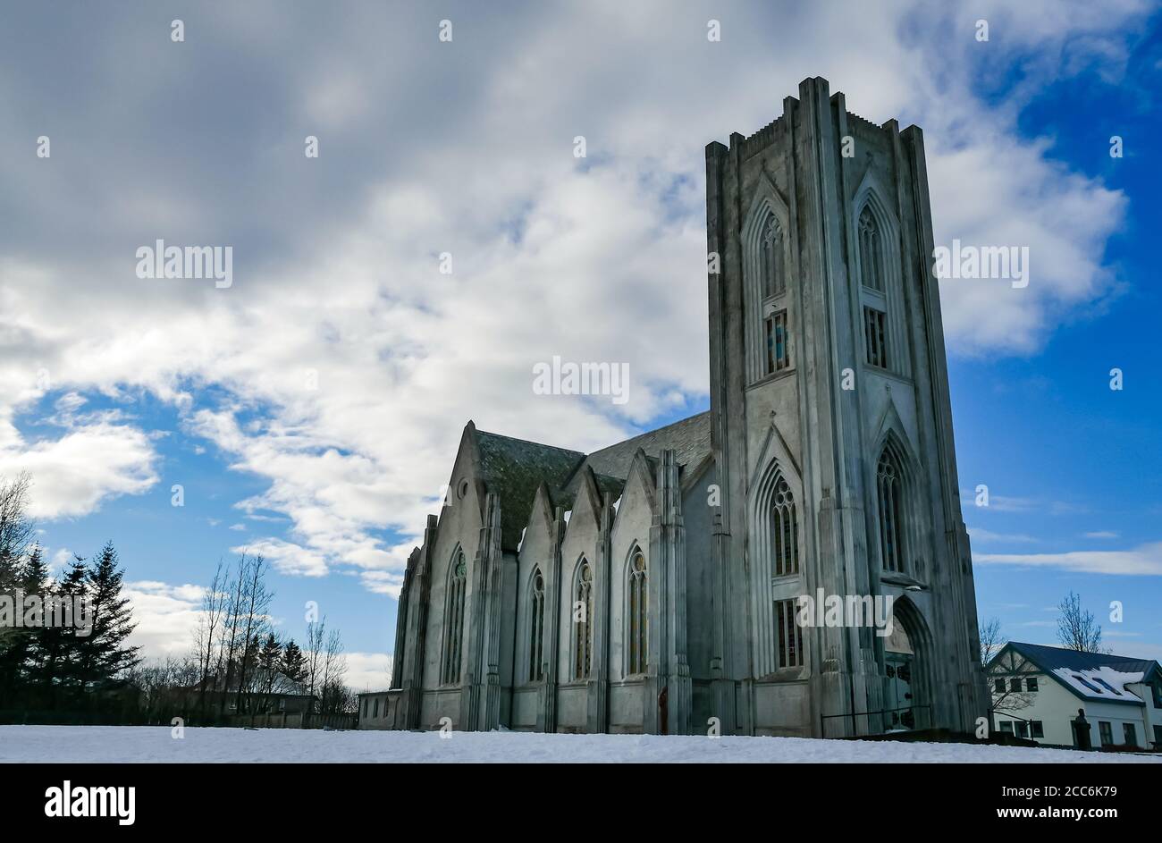 Katholische Kirche, Kathedrale Christi des Königs von Guðjón Samúelsson, Rekjavik, Island Stockfoto