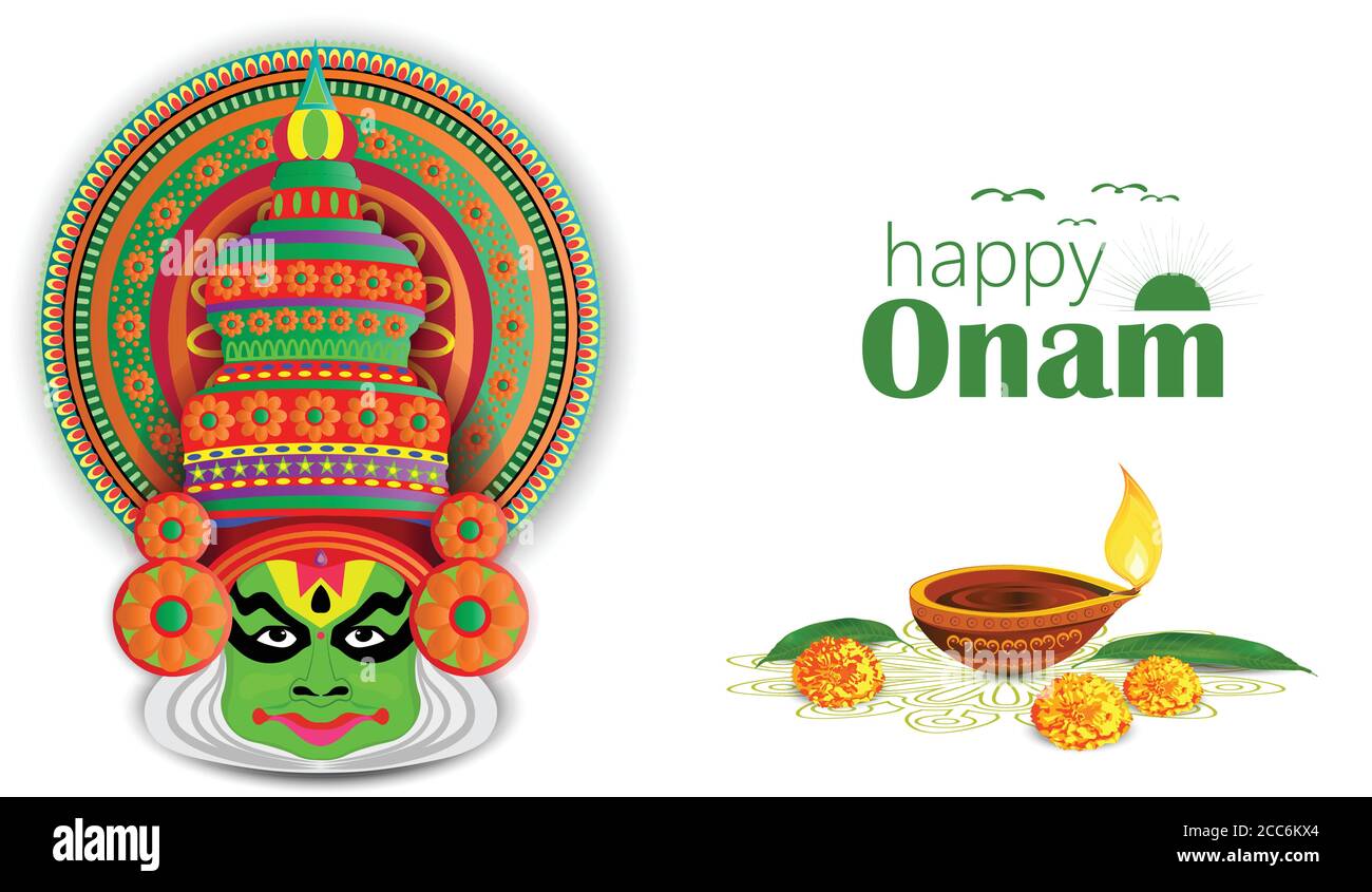 Happy Onam ein sehr berühmtes südindisches Festival von Indien. Kathakali Gesicht Vektor Design ein klassischer Tanz von Kerala Indien Stock Vektor