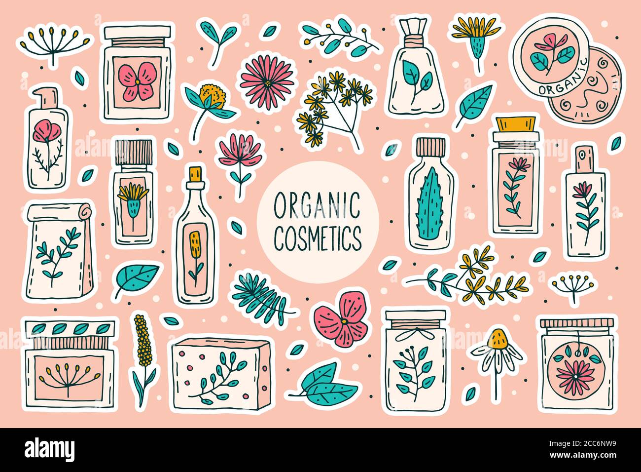 Natürliche Bio-Kosmetik mit Pflanzen Doodle Vektor Cliparts, große Reihe von Elementen. Isoliert auf rosa Hintergrund. Bio, umweltfreundliche Zutaten, nat Stock Vektor
