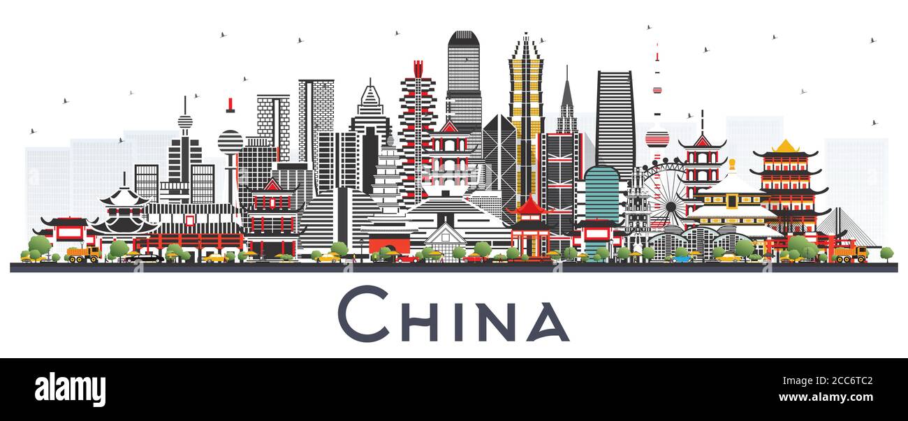 China City Skyline mit grauen Gebäuden isoliert auf Weiß. Berühmte Sehenswürdigkeiten in China. Vektorgrafik. Business Travel und Tourismus Konzept mit Mod Stock Vektor