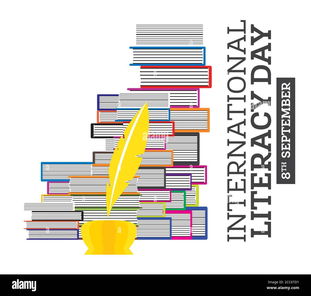 International Literacy Day Poster mit Bücherstapel und Quill Pen. Vektorgrafik. Bildungskonzept. Stock Vektor