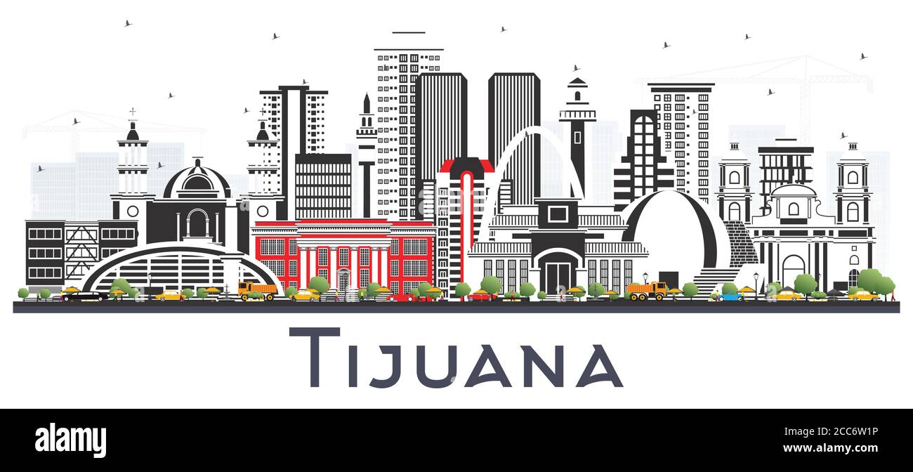 Tijuana Mexico City Skyline mit farbigen Gebäuden isoliert auf Weiß. Vektorgrafik. Tourismuskonzept mit historischer und moderner Architektur. Stock Vektor