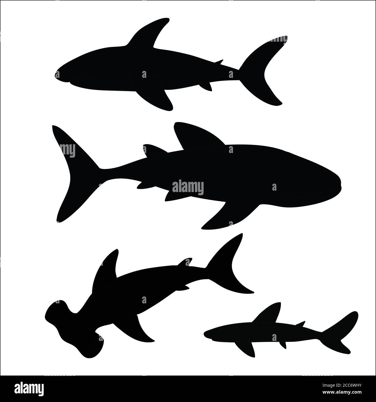 Schwarze Haie Silhouetten isoliert auf weißem Hintergrund. Vektorgrafik. Stock Vektor