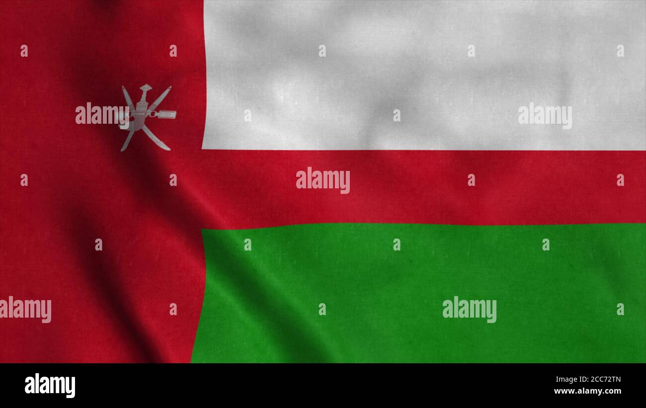 Die Nationalflagge des Oman flattert im Wind. 3d-Rendering Stockfoto
