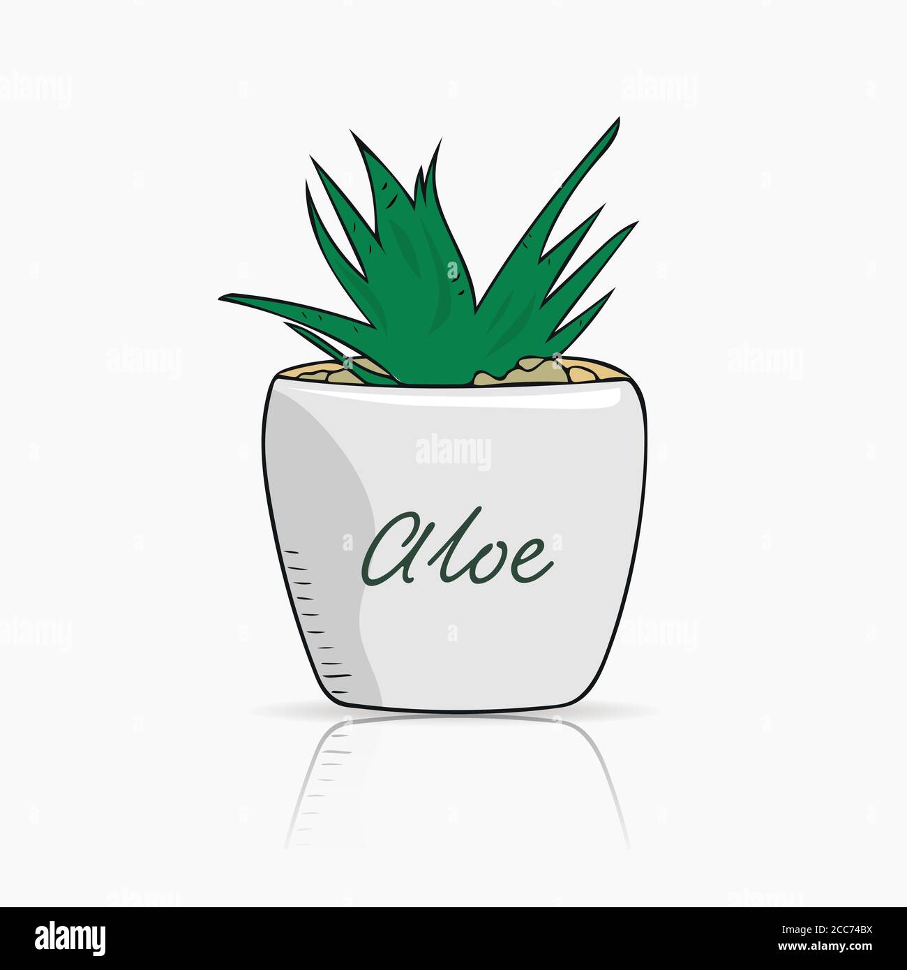 Handgezeichnete Aloe Vera in einem kleinen weißen Keramiktopf. Wunderschöne florale Designelemente. Vereinfachte Vektordarstellung Stock Vektor