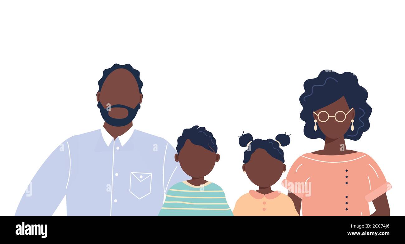 Happy cute Familienportrait von afroamerikanischen Menschen Eltern und Kinder: Vater, Mutter, Sohn und Tochter isoliert auf weißem Hintergrund Stock Vektor