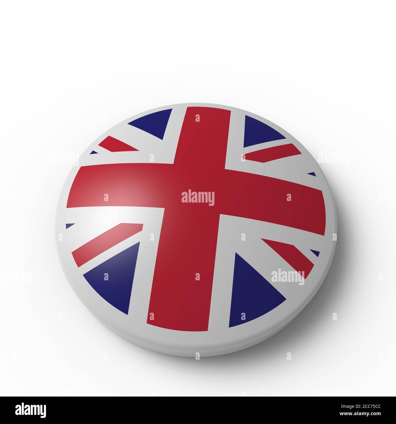 Knopf mit einer Flagge von UK auf weißem Hintergrund Stockfoto