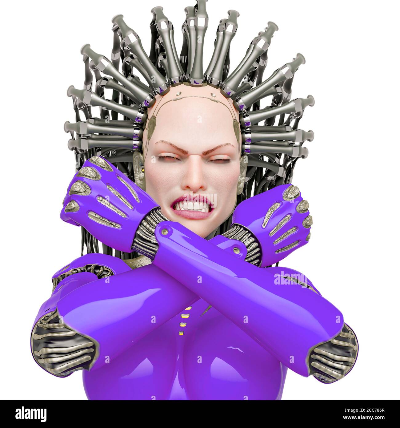 Super Cyborg ist wütend und das Gefühl bereit für Krieg Nahaufnahme, 3d-Illustration Stockfoto