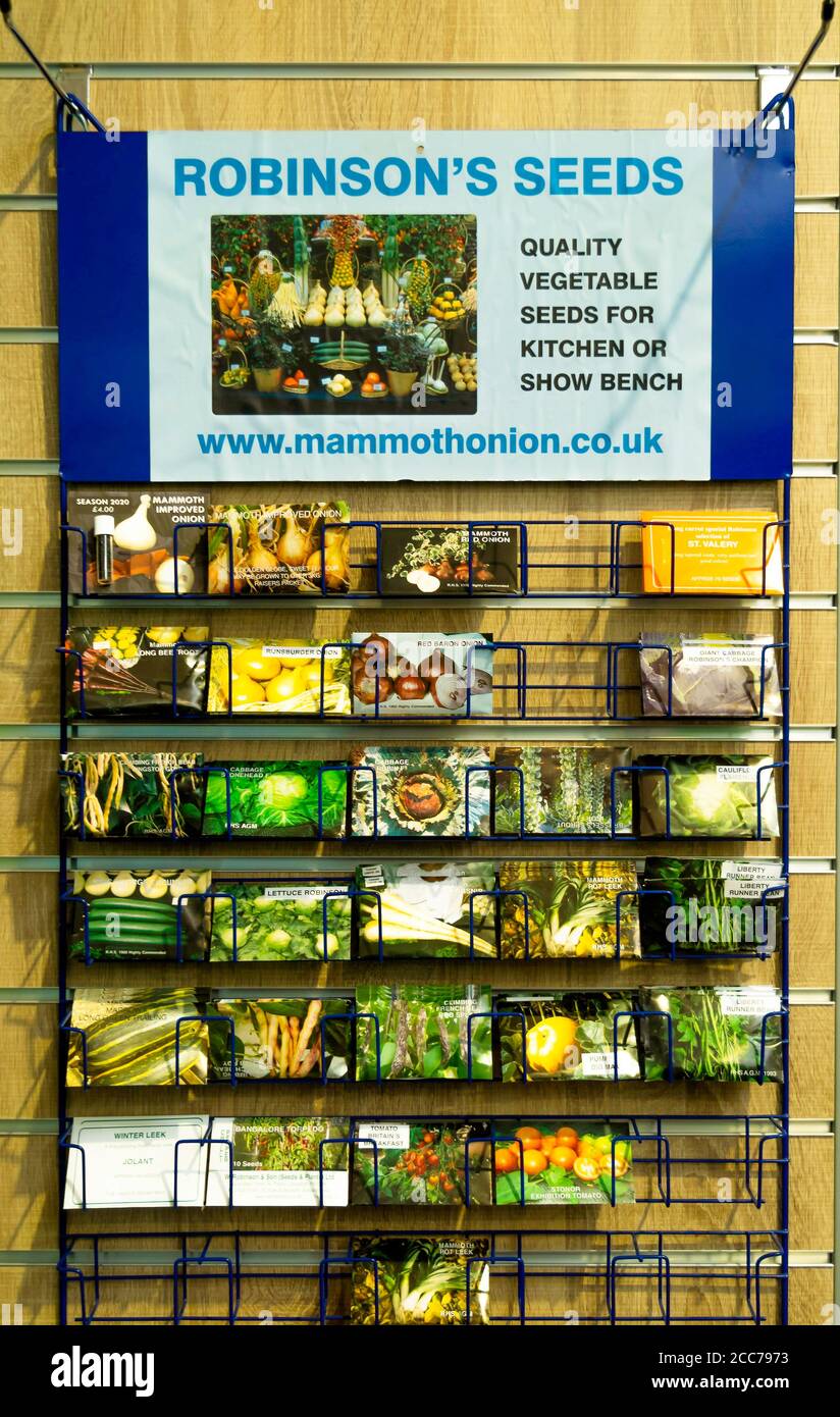 Eine Ausstellung von Robinsons Gemüsesamen in einem Gartencenter Gesagt, um Qualität Gemüsesamen für Küche oder Show sein Bank Stockfoto