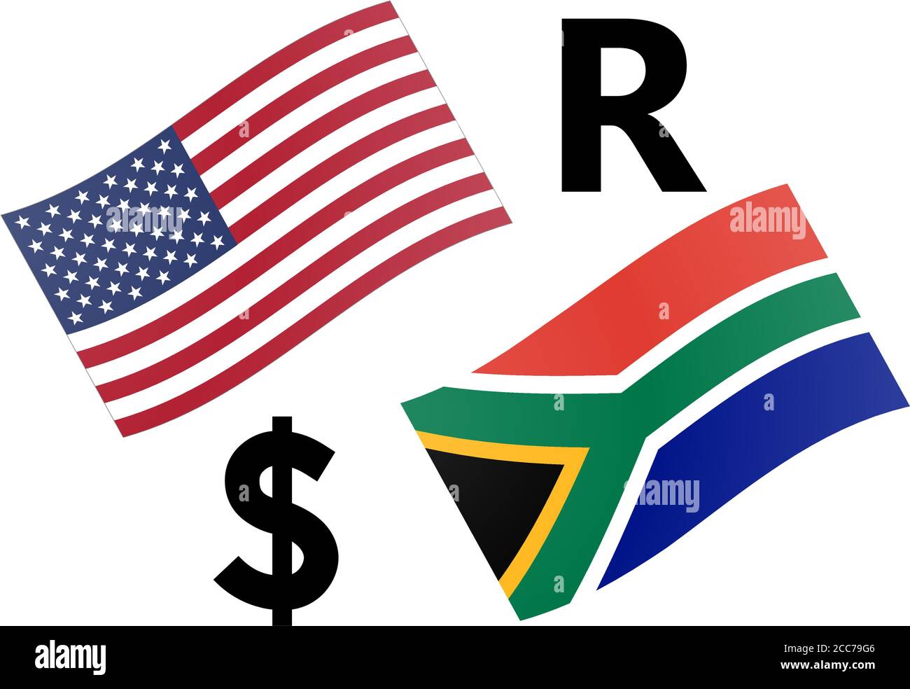 USDZAR Forex Währungspaar Vektor Illustration. Amerikanische und südafrikanische Flagge, mit Dollar und Rand Symbol. Stock Vektor