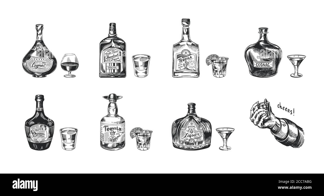 Flaschen Tequila, Likör und Cognac. Set aus Glas Schüsse und Becher. Retro-Poster oder Banner. Handgezeichnete Vintage-Skizze mit Gravur. Stock Vektor