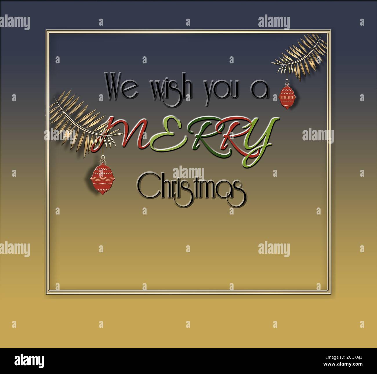 Elegante stilvolle Weihnachtskarte auf blaugoldenem Hintergrund mit Text Wir wünschen Ihnen ein frohes Weihnachtsfest im Rahmen mit roten Hängekugeln. Minimalistisches Template-Design für Visitenkarten, Banner. 3D-Illustration Stockfoto