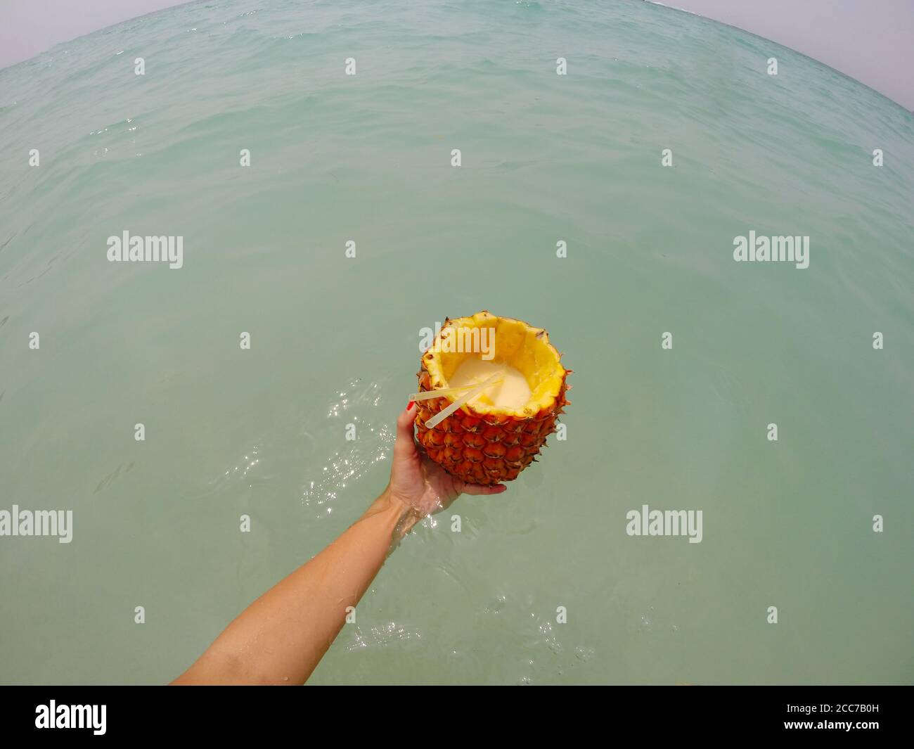 Genießen Sie eine Pina Colada in einer frisch geschnittenen Ananas Die Karibik Stockfoto