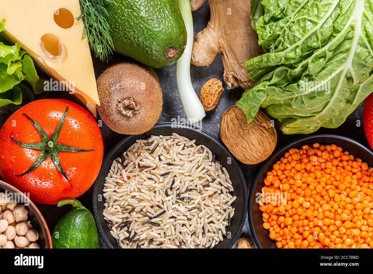 Ernährung und Ernährung Lebensmittel Bild mit Obst, Gemüse und Samen. Stockfoto