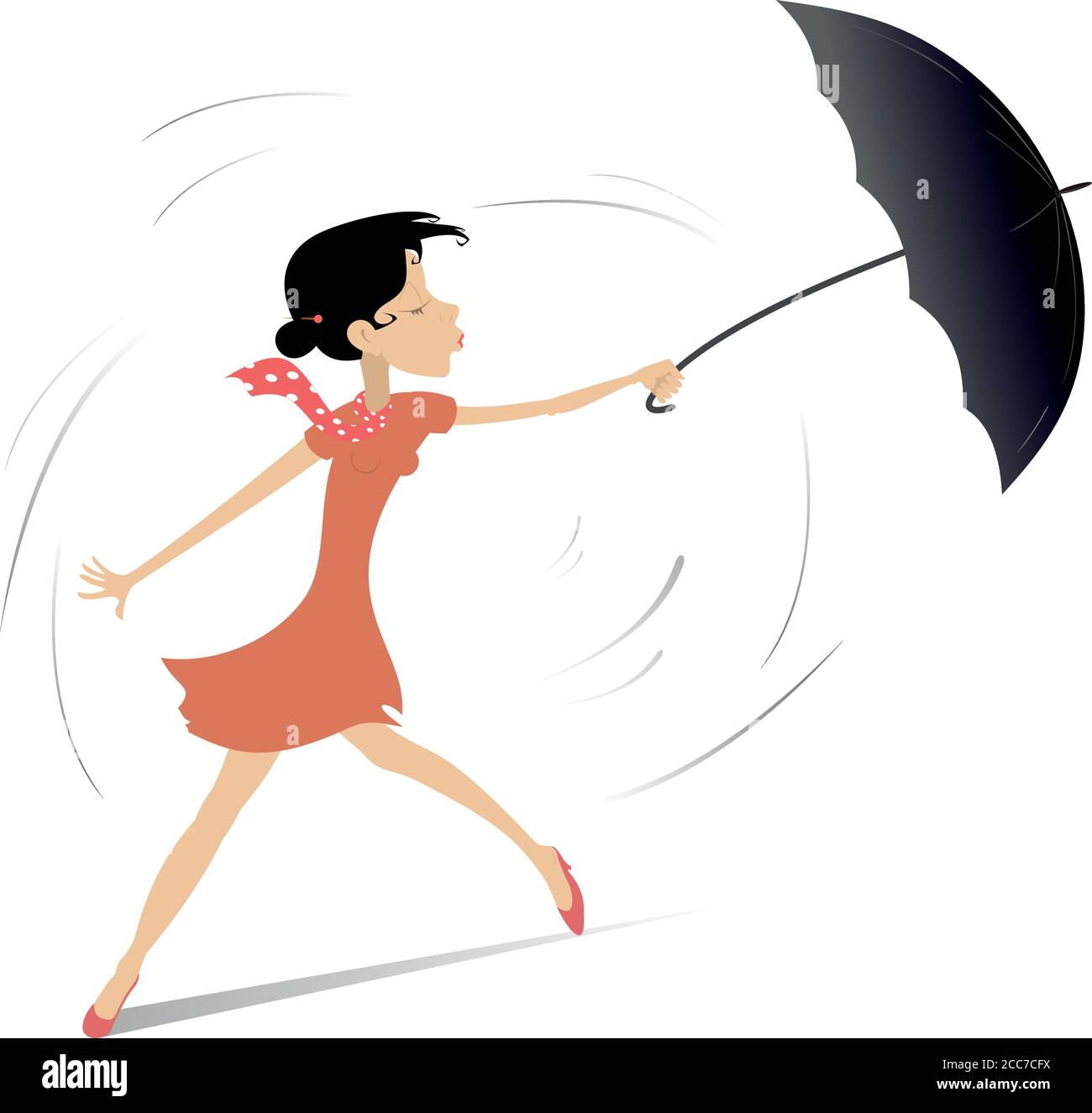 Windiger und regnerischer Tag und Frau mit Regenschirm Illustration. Hübsche junge Frau hält einen Regenschirm isoliert auf weiß Stock Vektor