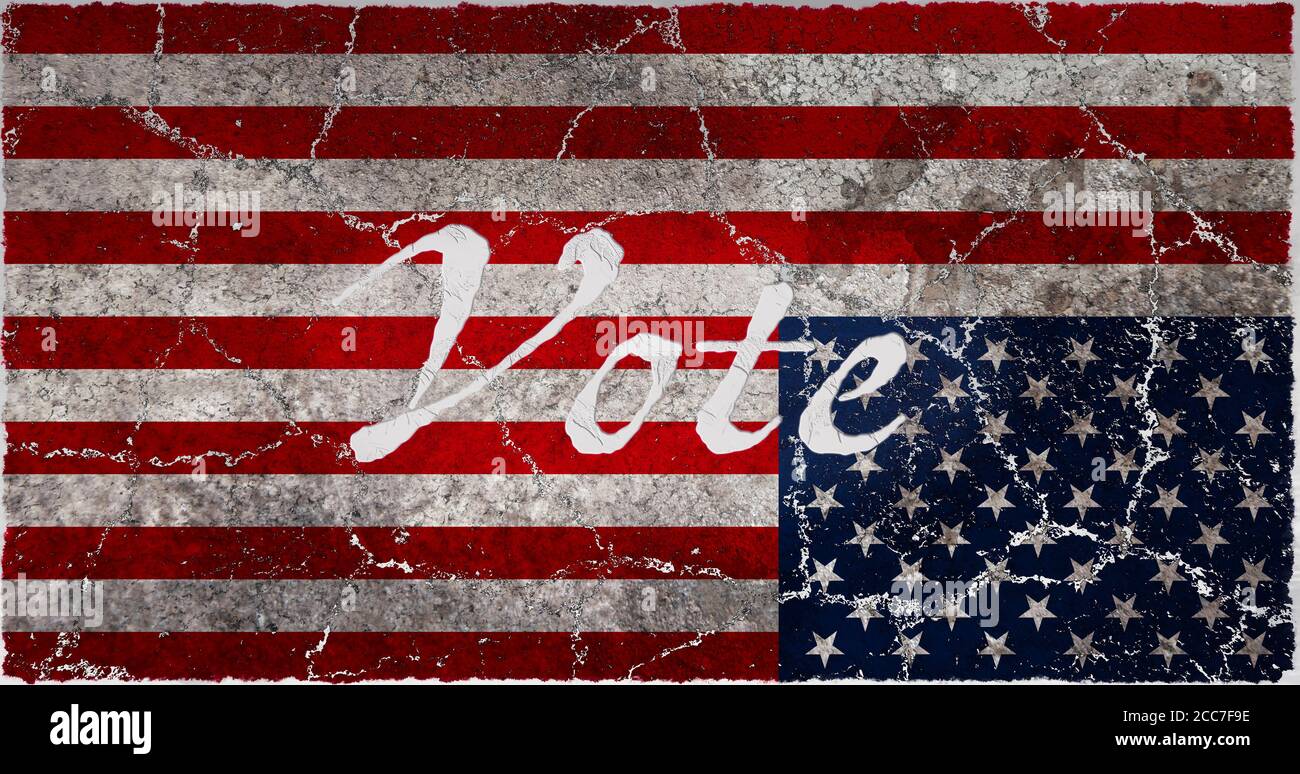 Verzweifelte und gebrochene amerikanische Flagge mit dem Wort Vote. Risse, Verschleiß und Risse breiten sich durch die rote, weiße und blaue Flagge aus. Stockfoto