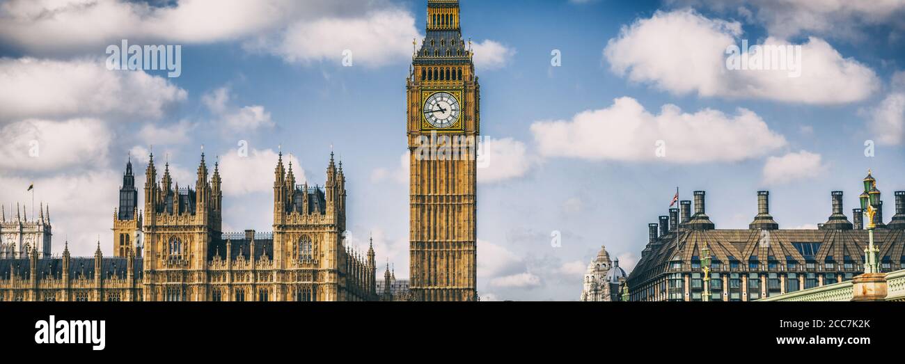 London European Destination Icon Banner Panorama - berühmte Wahrzeichen Big Ben Clock Tower. Panoramakopf Stockfoto