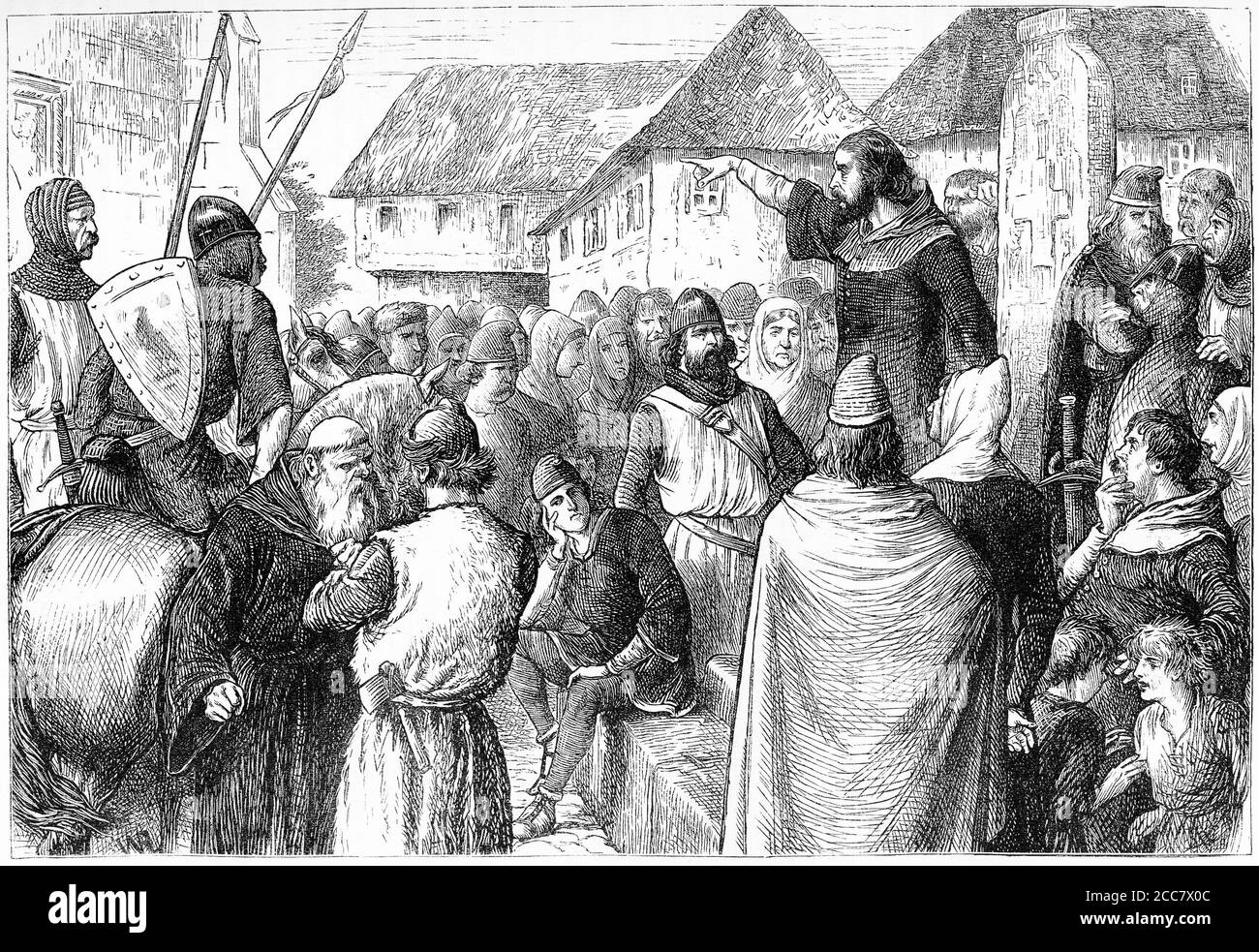 Kupferstich von Arnold von Brescia (c. 1090 – 1155), Predigen auf einem öffentlichen Platz. Auch bekannt als Arnaldus, Arnald war ein italienischer Kanon regelmäßig aus der Lombardei, forderte die Kirche auf Eigentum verzichten. Protestanten Rang ihn unter den Vorläufern der Reformation. Stockfoto