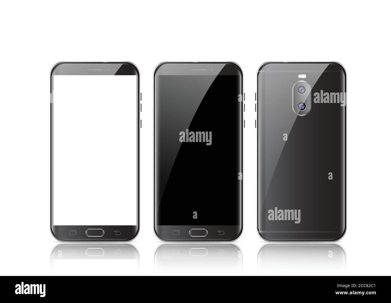 Moderne schwarze Touchscreen Handy Tablet Smartphone auf hellem Hintergrund isoliert. Telefon auf Vorder- und Rückseite isoliert. Vektorgrafik. Stock Vektor