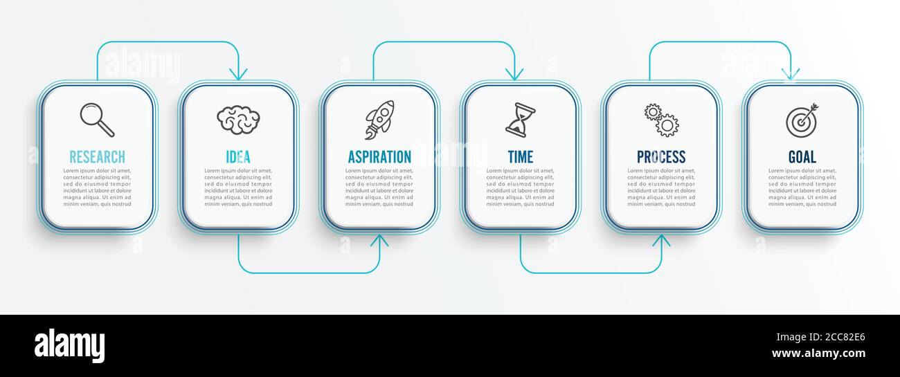 Vektor-Infografik-Vorlage mit Symbolen und 6 Optionen oder Schritten. Infografiken für das Geschäftskonzept. Kann für Präsentationen Banner, Workflow verwendet werden. Stock Vektor