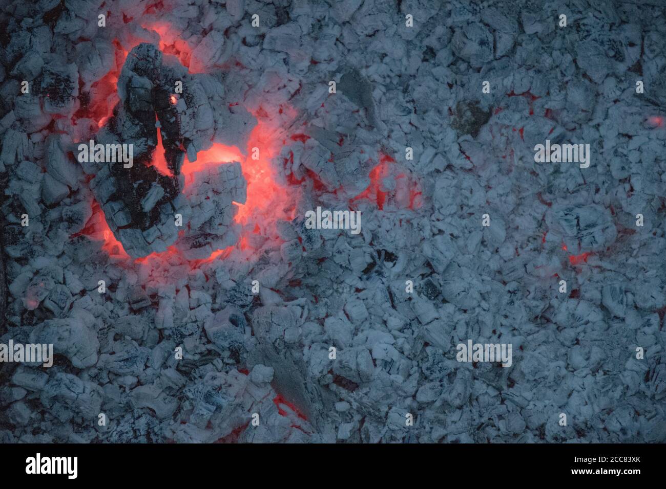 Große rissige Stück Schwelbrennholz log mit roter Flamme innen und graue Asche Hintergrund. Verbranntes Lagerfeuer Textur Nahaufnahme. Brandung aus Holzkohle Stockfoto