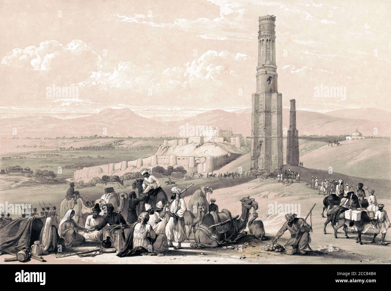 Afghanistan: 'Die Festung und Zitadelle von Ghuznee und die zwei Minaren', Lithographie von Louis Haghe (1806 - 1885) nach einer Originalskizze von James Atkinson (1780 - 1852). Aus Skizzen in Afghaunistan, ursprünglich 1842 veröffentlicht. Der erste anglo-afghanische Krieg wurde zwischen Britisch-Indien und Afghanistan von 1839 bis 1842 geführt. Es war einer der ersten großen Konflikte während des Großen Spiels, des 19. Jahrhunderts Konkurrenz um Macht und Einfluss in Zentralasien zwischen dem Vereinigten Königreich und Russland, und markiert auch eine der schlimmsten Rückschläge auf die britische Macht in der Region nach der Konsolidierung Stockfoto