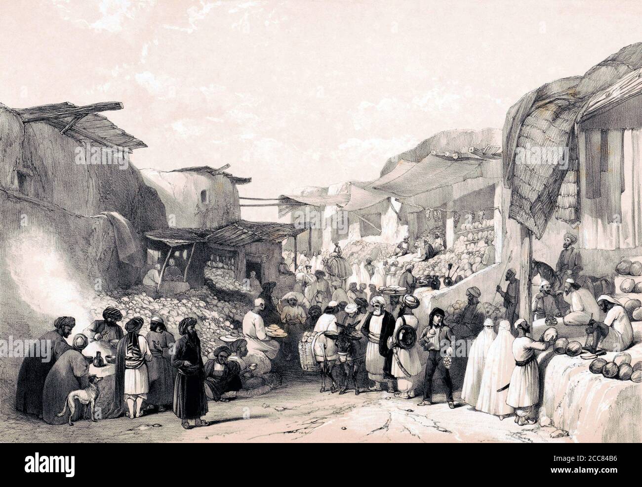 Afghanistan: "Die Hauptstraße im Basar von Caubul in der Obstsaison", Lithographie von Louis Haghe (1806 - 1885) nach einer Originalskizze von James Atkinson (1780 - 1852). Aus Skizzen in Afghaunistan, ursprünglich 1842 veröffentlicht. Der erste anglo-afghanische Krieg wurde zwischen Britisch-Indien und Afghanistan von 1839 bis 1842 geführt. Es war einer der ersten großen Konflikte während des Großen Spiels, des 19. Jahrhunderts Konkurrenz um Macht und Einfluss in Zentralasien zwischen dem Vereinigten Königreich und Russland, und markiert auch eine der schlimmsten Rückschläge auf die britische Macht in der Region nach dem Konso zugefügt Stockfoto