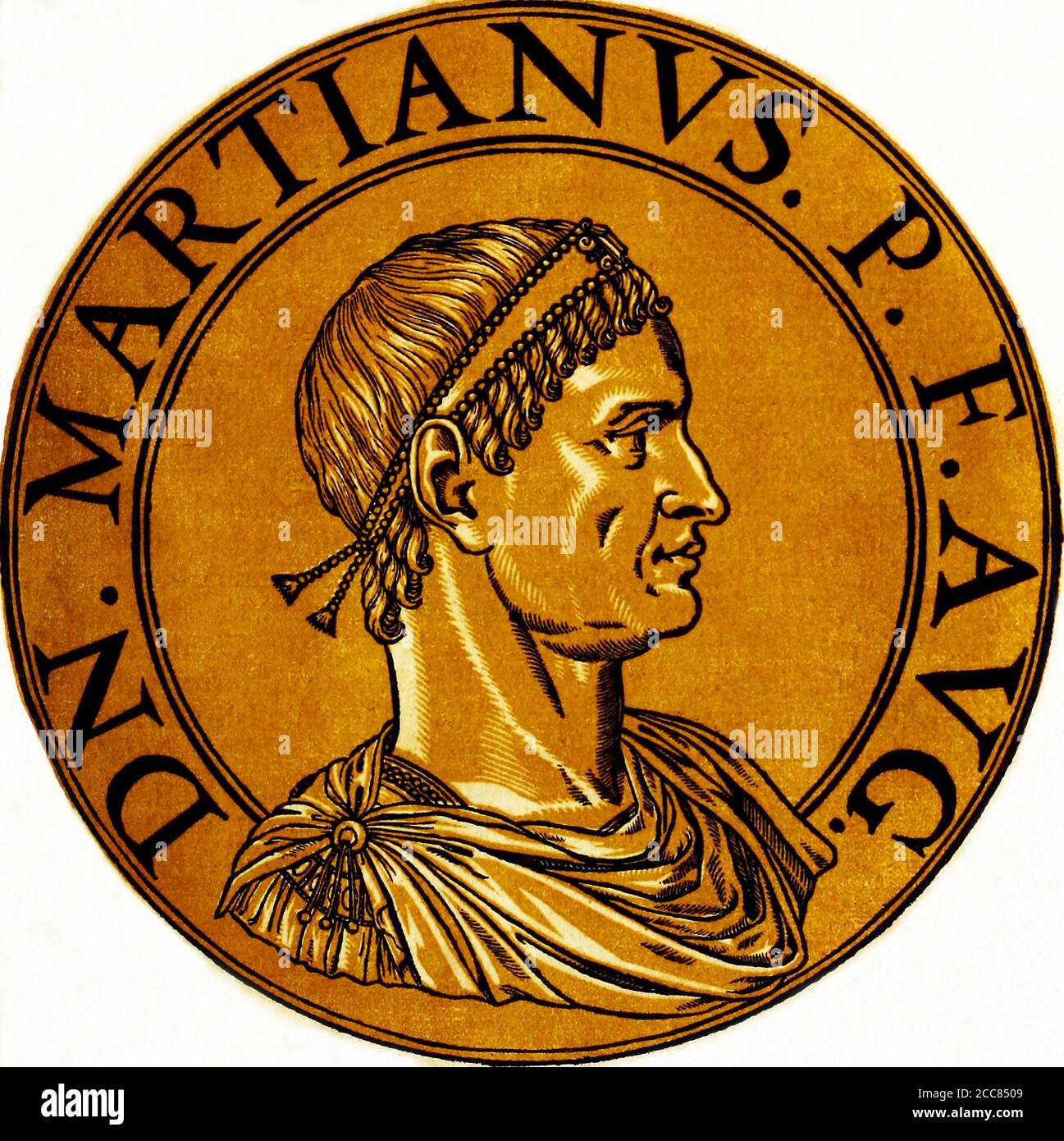 Türkei / Byzanz: Marcian (392-457), byzantinischer Kaiser, aus dem Buch Icones imperatorvm romanorvm (Ikonen der römischen Kaiser), Antwerpen, 1645. Marcian war der Sohn eines Soldaten aus Illyricum oder Thrakien, und verbrachte einen Großteil seines frühen Lebens als unbemerkenswerter Soldat. Er diente unter den mächtigen Alan-Generälen Ardabur und Aspar in Afrika, wo er von den Vandalen gefangen genommen wurde. Rückkehr nach Konstantinopel, wurde er Senator und wurde später als Gemahl zu Pulcheria, Schwester des kürzlich verstorbenen Kaisers Theodosius II.. Marcian wurde Kaiser des Oströmischen Reiches in 450. Stockfoto