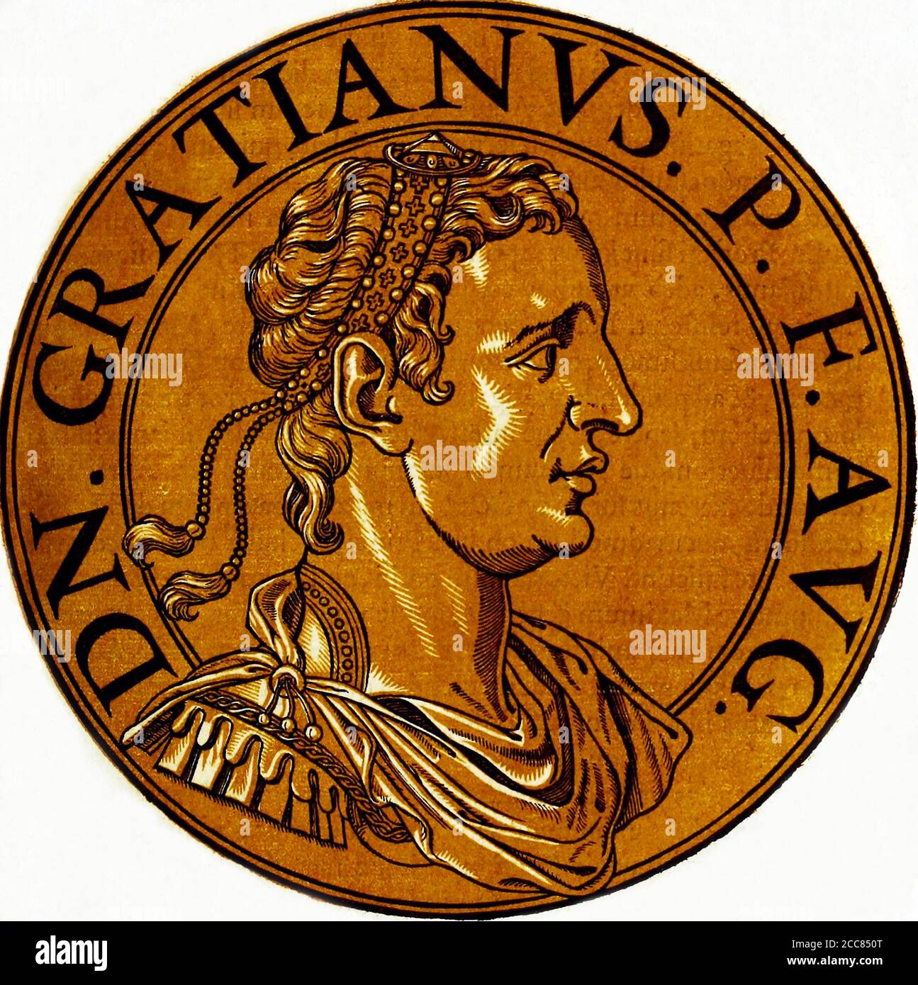 Italien: Gratian (359-383), 67. Römischer Kaiser, aus dem Buch Icones imperatorvm romanorvm (Ikonen der römischen Kaiser), Antwerpen, c. 1645. Gratian war der Sohn des Kaisers Valentinian I. von seiner ersten Frau Marina Severa. Gratian wurde Augustus im Jahr 367, aber als sein Vater starb im Jahr 375 und die Armee proklamierte seinen Halbbruder Valentinian II Kaiser, Gratian war gezwungen, zu erfüllen und gemeinsame Verwaltung der westlichen Provinzen mit seinem Kleinkind Geschwister und seine Stiefmutter, obwohl die Macht war immer noch im Besitz von ihm in Wirklichkeit. Stockfoto