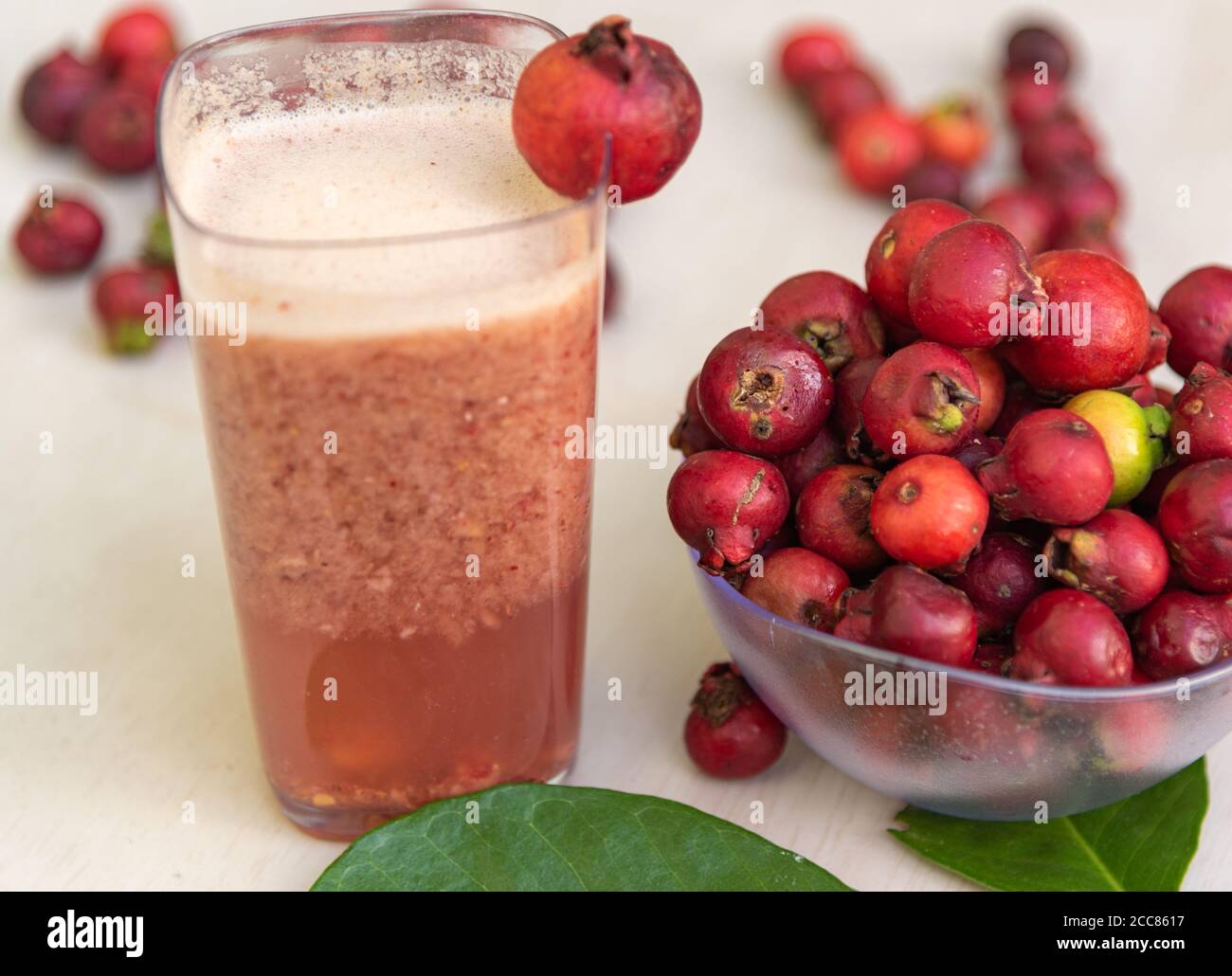 Früchte und Saft von araçazeiro, einer Myrtaceae, die in der Wildnis Brasiliens zu finden ist, von Bahia bis Rio Grande do Sul. Der Name stammt von den Tupi Guarani und mea Stockfoto