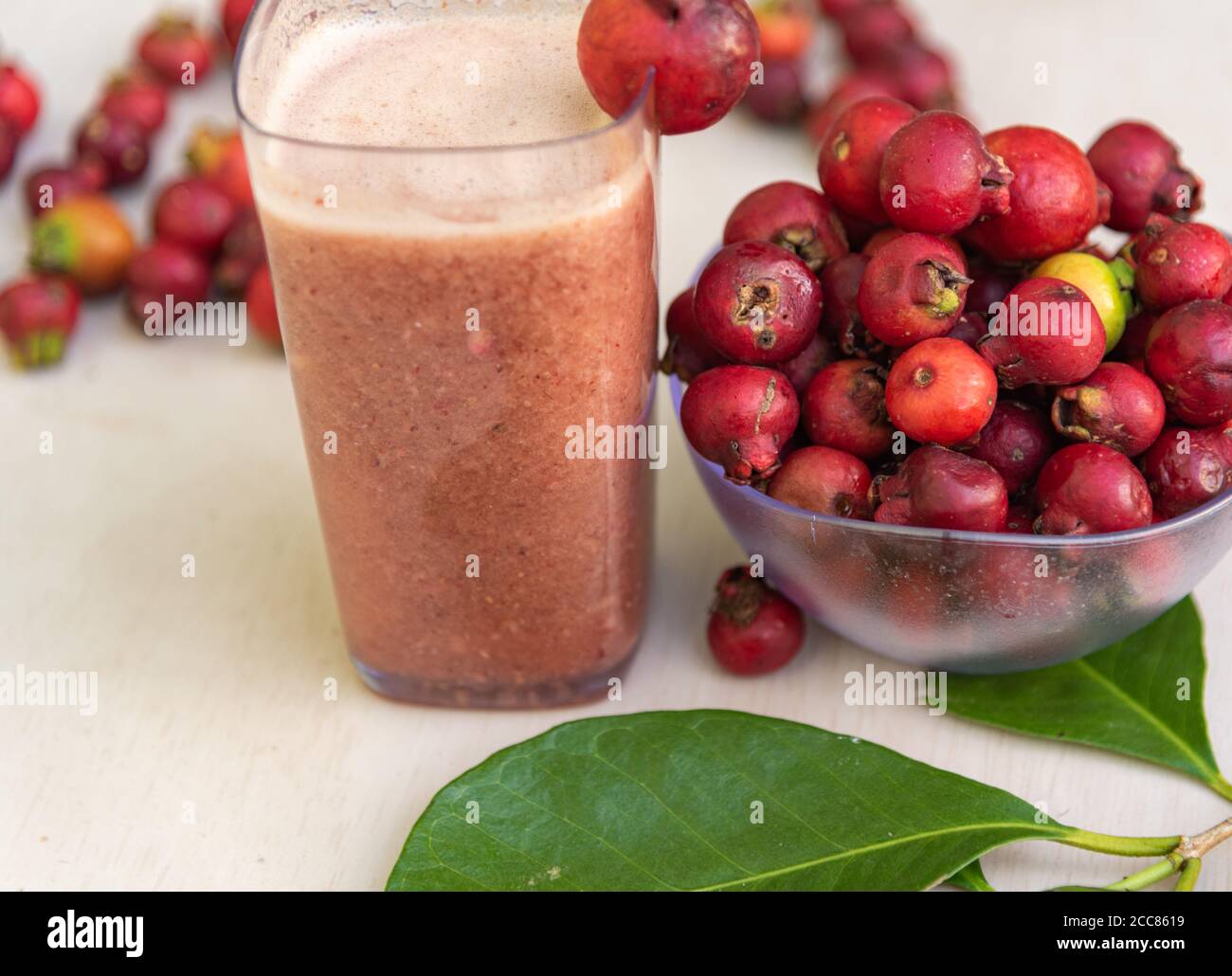 Früchte und Saft von araçazeiro, einer Myrtaceae, die in der Wildnis Brasiliens zu finden ist, von Bahia bis Rio Grande do Sul. Der Name stammt von den Tupi Guarani und mea Stockfoto
