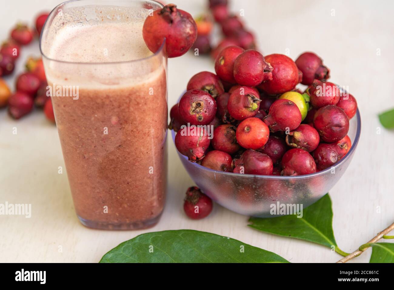 Früchte und Saft von araçazeiro, einer Myrtaceae, die in der Wildnis Brasiliens zu finden ist, von Bahia bis Rio Grande do Sul. Der Name stammt von den Tupi Guarani und mea Stockfoto