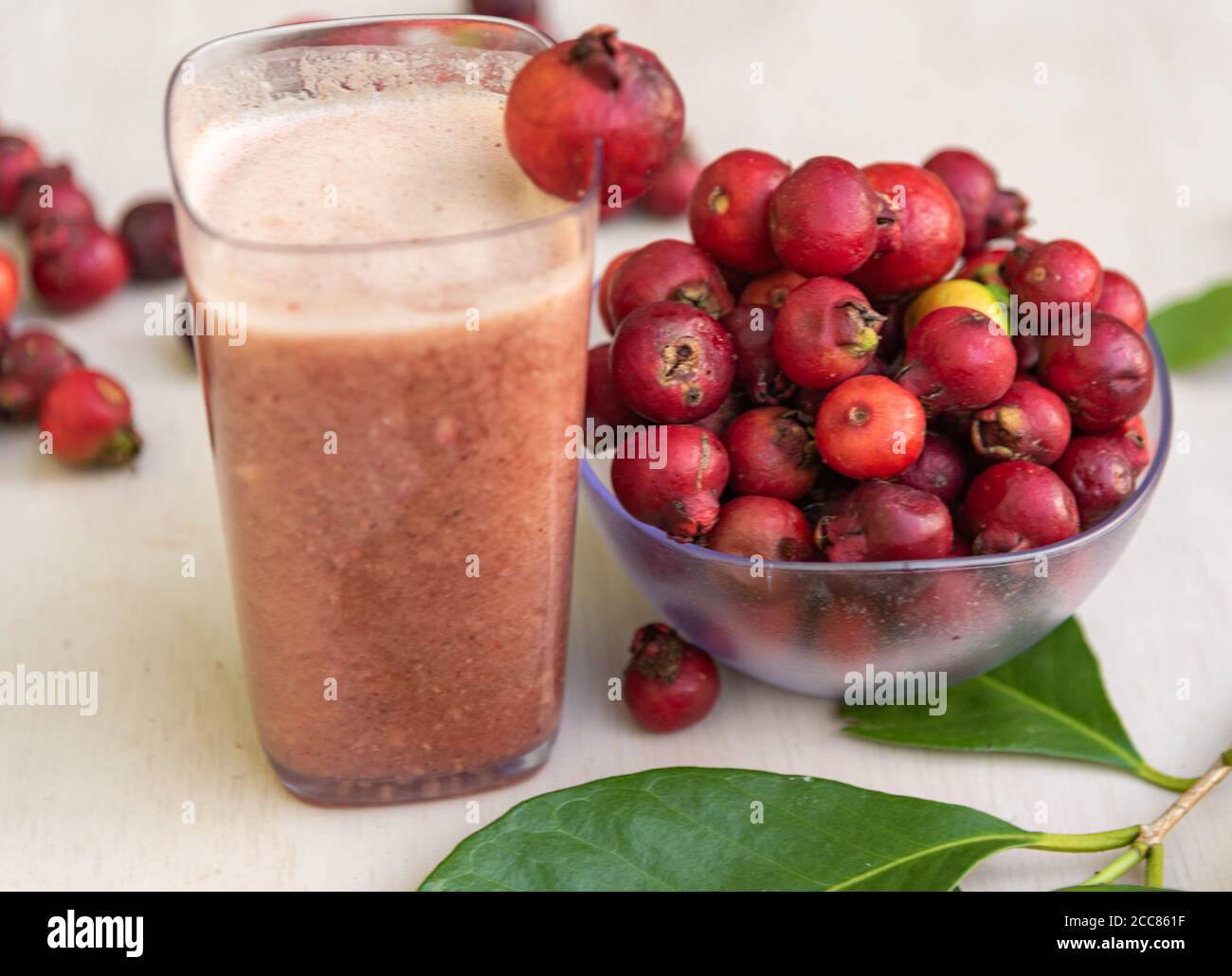 Früchte und Saft von araçazeiro, einer Myrtaceae, die in der Wildnis Brasiliens zu finden ist, von Bahia bis Rio Grande do Sul. Der Name stammt von den Tupi Guarani und mea Stockfoto