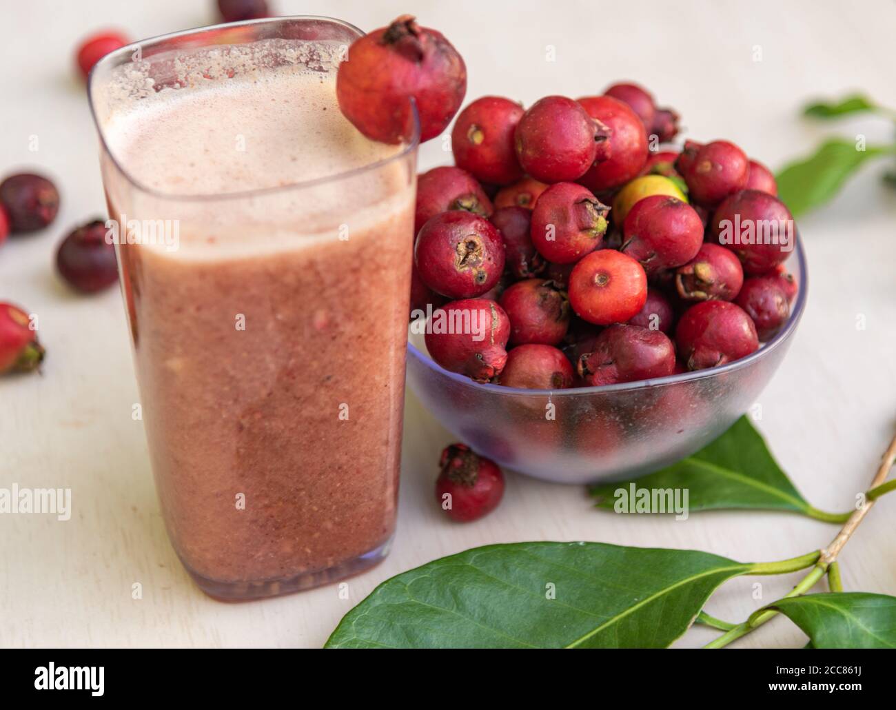 Früchte und Saft von araçazeiro, einer Myrtaceae, die in der Wildnis Brasiliens zu finden ist, von Bahia bis Rio Grande do Sul. Der Name stammt von den Tupi Guarani und mea Stockfoto