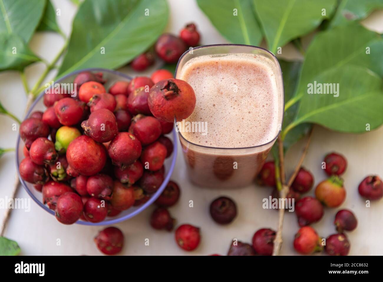 Früchte und Saft von araçazeiro, einer Myrtaceae, die in der Wildnis Brasiliens zu finden ist, von Bahia bis Rio Grande do Sul. Der Name stammt von den Tupi Guarani und mea Stockfoto